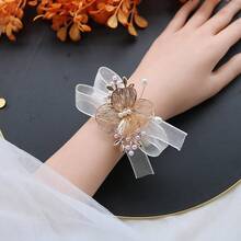 1pc Champagne Elastic Pearl Chain Wrist Corsage, Bridesmaid, Bridal Party, Wedding Accessories, Suitable For Bride, Groom, Wedding, Engagement, Events, Parties, Banquets Valentine's Day Accessories - Champagne - View 1