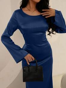 Đầm maxi satin may đo riêng cho nữ dịp Giáng sinh, có dây thắt eo corset, cổ tròn cổ điển và tay áo xòe ấn tượng, đầm dạ hội sang trọng, đầm thanh lịch cho nữ, đầm mùa đông, đầm năm mới, đầm dự tiệc, đầm đi biển, đầm thanh lịch cho quý cô, đầm dài thường ngày, đầm nghỉ mát, đầm mùa hè. - Màu xanh hải quân - Xem 2