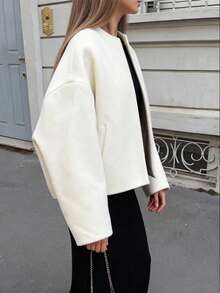 Women's Basic Minimalist Commute Daily Date Vintage Inspired Loose Fit Crew Neck Long Sleeve Short Jacket, Autumn/Winter - Apricot - View 2