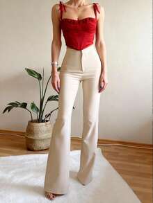 优雅修身高腰喇叭皮裤，修身保暖，适合秋冬日常穿着 - 杏色 - 查看 3