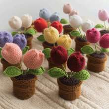 Handmade Crochet Flower Bouquet Desktop Decor, Handwoven Artificial Potted Plant, Creative Crochet Desktop Ornament, Suitable As Mother's Day, Anniversary, Birthday, Valentine's Day Gift, Or Home/Office Desk Decoration For Mom, Friends, Girlfriend - Multicolor - View 6