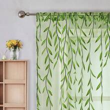 2 Pieces Of Willow Leaf Sheer Curtains, Vine Pattern Curtain Panels That Let Light Through, Suitable For Living Room, Bedroom, And Balcony - 綠色 - 查看 2