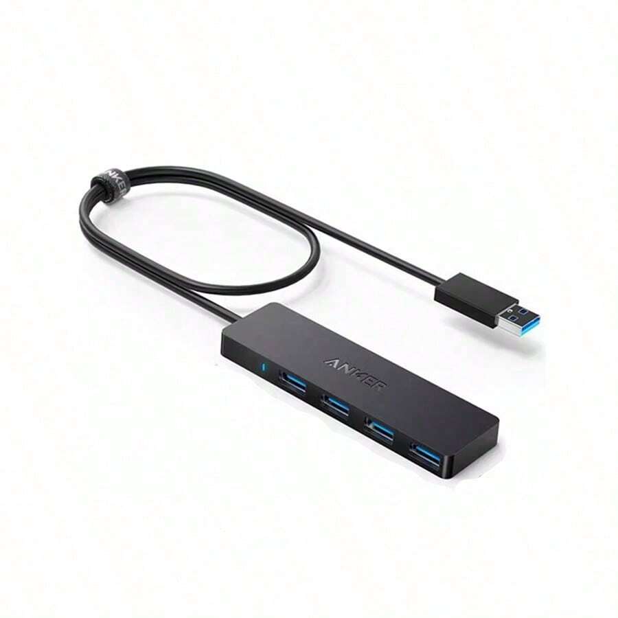 anker A7516 Stație de andocare de mare viteză cu 4 porturi USB 3.0: Acceptă utilizarea simultană a mai multor dispozitive, transfer de date de mare viteză, răspuns cu latență redusă, design subțire și portabil, compatibil cu diverse computere și dispozitive mobile. Negru.