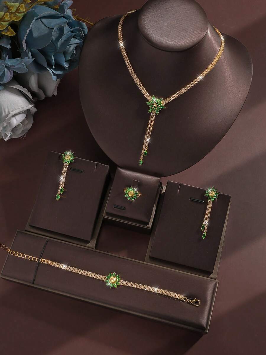 5 件奢华锆石花朵设计项链、耳环、手链、戒指首饰套装，优雅时尚配饰，适合女性日常通勤、宴会、派对 - 綠色 - 查看 1