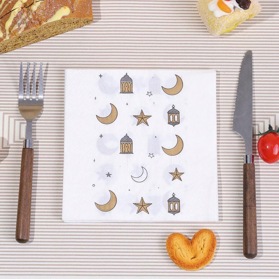 20/40/60张，斋月快乐派对餐巾纸，双层13*13英寸一次性纸巾，印有星星、灯笼和月亮图案，适合斋月派对装饰和斋月生日装饰，斋月派对鸡尾酒晚宴纸巾，饰有月亮和灯笼图案，柔软吸水，非常适合在开斋晚宴上装饰和用餐。 - 彩色 - 查看 1