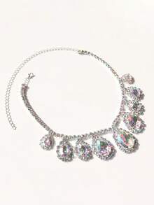 多层不对称水晶项链，新娘婚礼珠宝配饰 - 彩色 - 查看 4