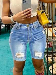 Women's Ripped Denim Shorts - Destroyed Raw Hem Sexy Shorts With Distressed Details, Stretchy Comfort Fit - Light Wash - View 1