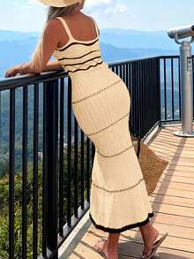Vestido de playa de verano tipo cubrecosturas para vacaciones de mujer - Vestido de punto de tirantes con diseño de ondas a rayas en blanco y negro, elegante traje de baño, suéter ligero- Conjunto de vestidos maxi sin mangas de cuello cuadrado, combinados con vestido midi trenzado de tirantes tipo cola de pez, para primavera, verano, otoño e invierno - Caqui - Ver 2