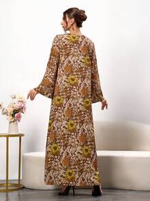 Đầm cổ tròn tay dài họa tiết hoa khối màu thanh lịch dành cho nữ, phù hợp với trang phục thanh lịch và trang phục thường ngày - màu nâu - Xem 2