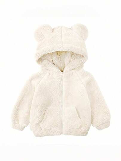 Baby Girl 1pc Casual Fuzzy Ear Decor Fleece Zip Up Jacket, Autumn Winter
