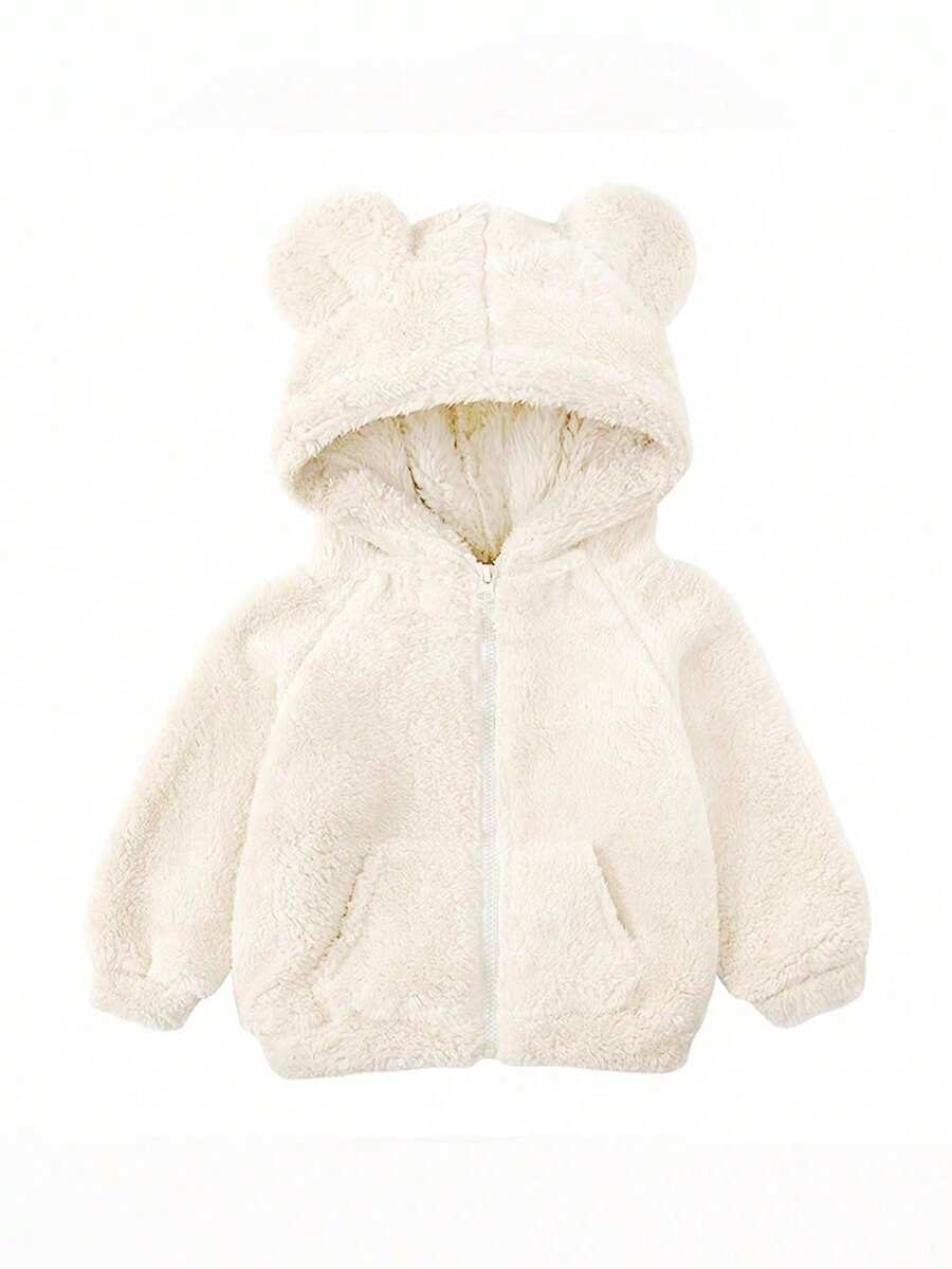 Baby Girl 1pc Casual Fuzzy Ear Decor Fleece Zip Up Jacket, Autumn Winter