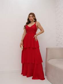 Elegant Women's Long Chiffon Dress With Padded Bra And Straps For Summer Parties 3RD SD1551 - Đỏ - Xem 1