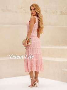 Women's Midi Dress, Knit, Summer, Crochet, Ruffles, Party, Beach, Elegant, Christmas, New Year's Eve, Premium - 淺粉色 - 查看 3