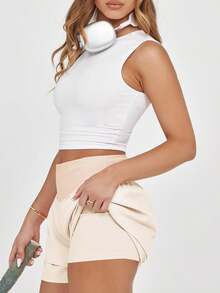 Pantalones cortos deportivos de cintura alta Fisoew para mujer, con volantes, para correr, entrenar, tenis y pantalones cortos integrados - Beis - Ver 5