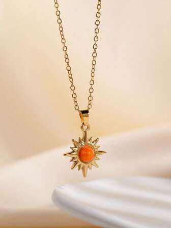 1pc Minimalist Gold Stainless Steel Shiny Octagon Faux Stone Pendant Necklace, Sunbeam Choker Necklace, Layered Necklace For Women