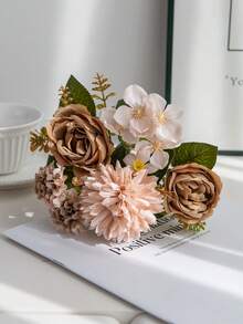 1束仿真牡丹花，5头丝绸绣球花芙蓉玫瑰花束，适用于婚礼装饰、新娘手拿花环、DIY花环、花瓶，也可用于家居、户外花园装饰、情人节礼物、新年装饰。 - 咖啡色 - 查看 4