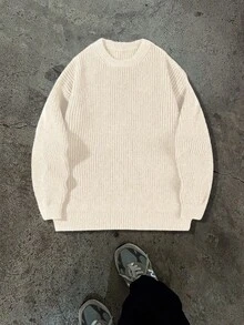 Lightweight, Warm Knit Pullover Sweater, Loose Fit, Polyester Fabric, Casual, Collegiate Style, Unisex Design, Long Sleeve, Drop Shoulder, Minimalist Crew Neck, Suitable For Autumn And Winter - Apricot - View 5