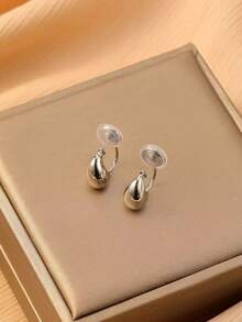 1 Pair Fashionable Mini Water Drop Copper Earrings For Women, Clip-On Earrings With Elegant Vibe, Suitable For Daily Wear And Gifts - Ear Clip - View 5
