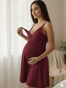 Nursing Nightgown With Lace Detail Postpartum Comfort Maternity. - Burgundy - View 1