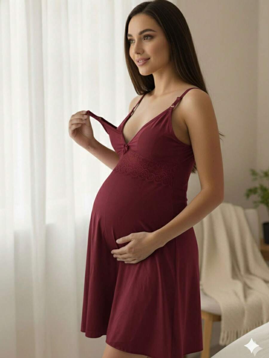 Nursing Nightgown With Lace Detail Postpartum Comfort Maternity. - Burgundy - View 1