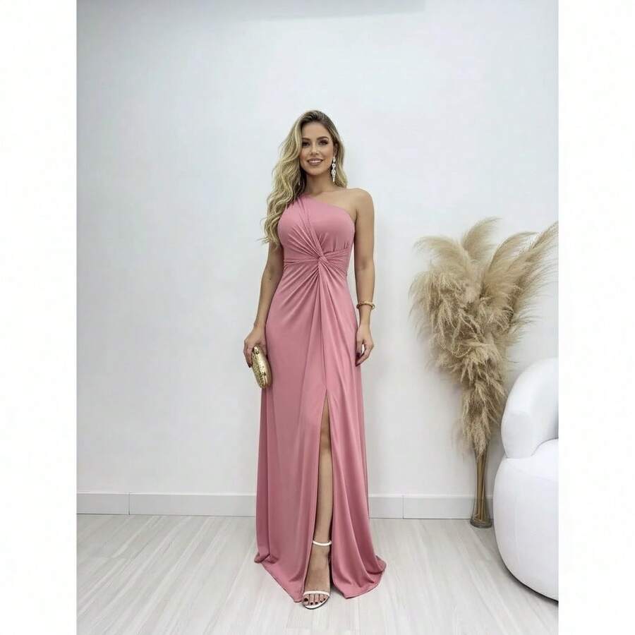 Long Party Dress, Twisted Fluity Knit Fabric, Waist, Side Slit, Bridesmaid, Guest, Wedding, Graduation, Formal Event, Gala - 乾枯玫瑰色 - 查看 1
