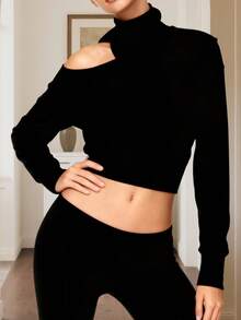 Womens Fall Cold Shoulder Tops Solid Color Long Sleeve High Neck Slim Fit Crop Pullover - Black - View 1