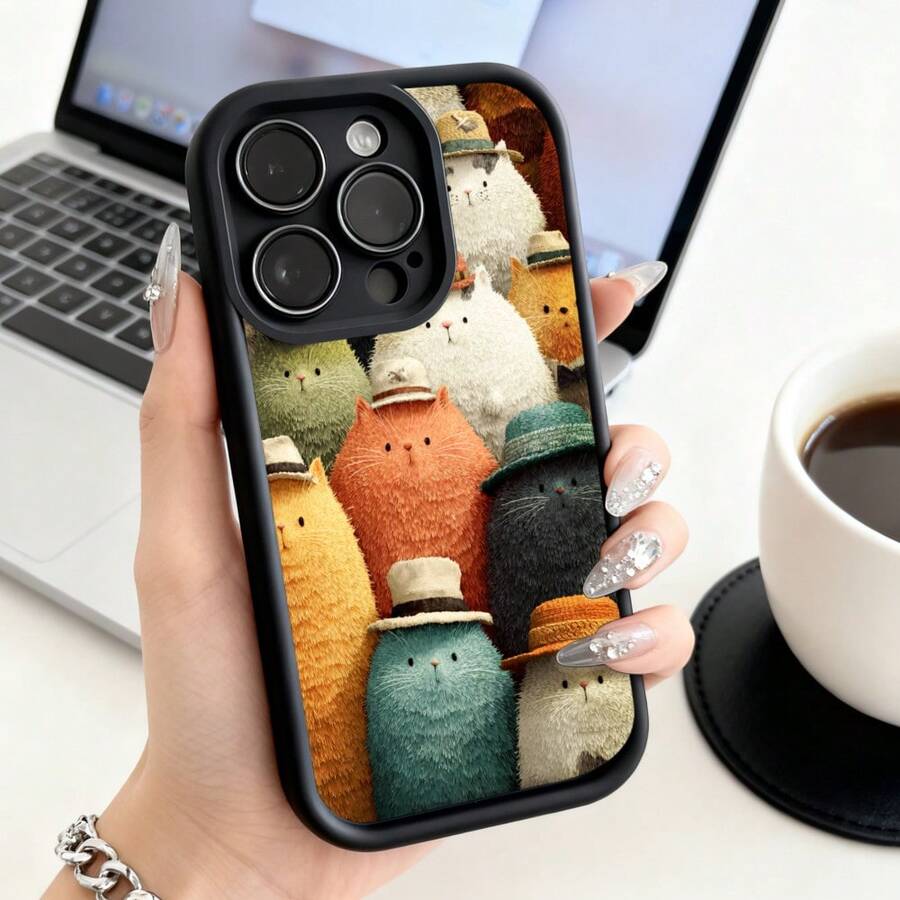 Funda de teléfono con diseño de gatos lindos con sombreros para  15 Pro Max,  14 Pro,  13,  Galaxy S23, S22, S21, protector de teléfono, funda de pareja, regalo para novio, novia, regalo de vacaciones - Café integral - Ver 1