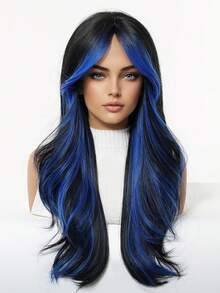 26 Inch Black & Blue Long Straight Synthetic Heat Resistant Wig With Bangs, Suitable For Daily Wear, Parties And Cosplay - Blue Highlight - View 4