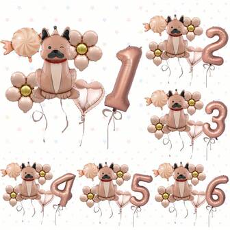 6pcs 3D Poodle & Bulldog Flower Candy Foil Balloons Set, Suitable For Pet Dog Birthday Party Decoration, Home Decor