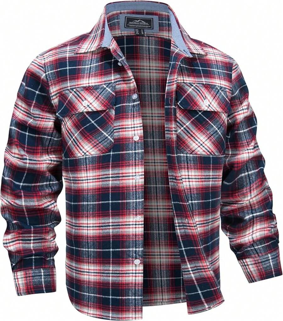Flannel Shirt For Men Cotton Long Sleeve Plaid Shirt Lightweight Button Up Checkered Shirt Jacket With 2 Pockets - Đỏ trắng - Xem 1