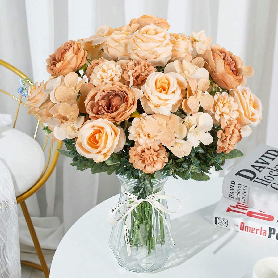 1PC Romantic Silk Peony Hydrangeas Bouquet Artificial Flowers Plastic Centerpieces Fake Plants Plastic For Spring Autumn Wedding Vase Arrangement For Mother's Day/Father's Day/Festival Birthday/Party Accessories/Wedding/Room/Home/Kitchen/Bedroom/Living Room/Table Decoration/Bride's Bouquet/Outdoor Garden Decorations - Champagne - View 1