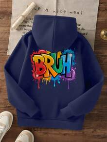 1 pieza Sudadera informal con estampado para niño preadolescente, forrada térmica, manga larga, otoño/invierno - Azul Marino - Ver 3