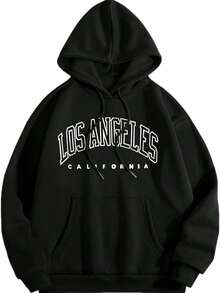 Men Casual Oversized Long Sleeve Black Streetwear Hooded Pullover Hoodies Crewneck City Name Graphic Design Long Sleeve Sweatshirts - 黑色3 - 查看 1