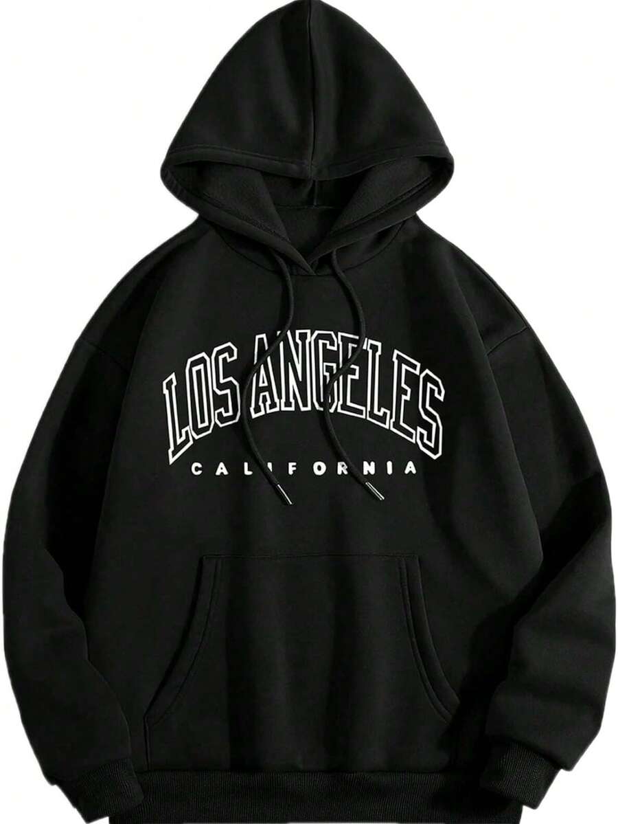 Men Casual Oversized Long Sleeve Black Streetwear Hooded Pullover Hoodies Crewneck City Name Graphic Design Long Sleeve Sweatshirts - 黑色3 - 查看 1