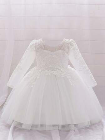 Baby Girls' Pink Long Sleeve Elegant Tulle Princess Dress, Suitable For Parties