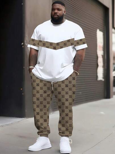 Plus Size Luxury Letter Art Pattern Set | Men's Quick-Dry Loose Short Sleeve & Pants Set | Street Hip Hop Jogger Pants + Oversized Tee | Geometric Color Block Design | Sportswear & Casual Series