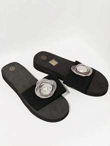 1 Pair Striped Floral (Combination) Plant Print Fashion Forward Slip-On Sandals With Elastic Band, Suitable For Beach, Outdoor, Vacation, All Seasons - Black - View 6