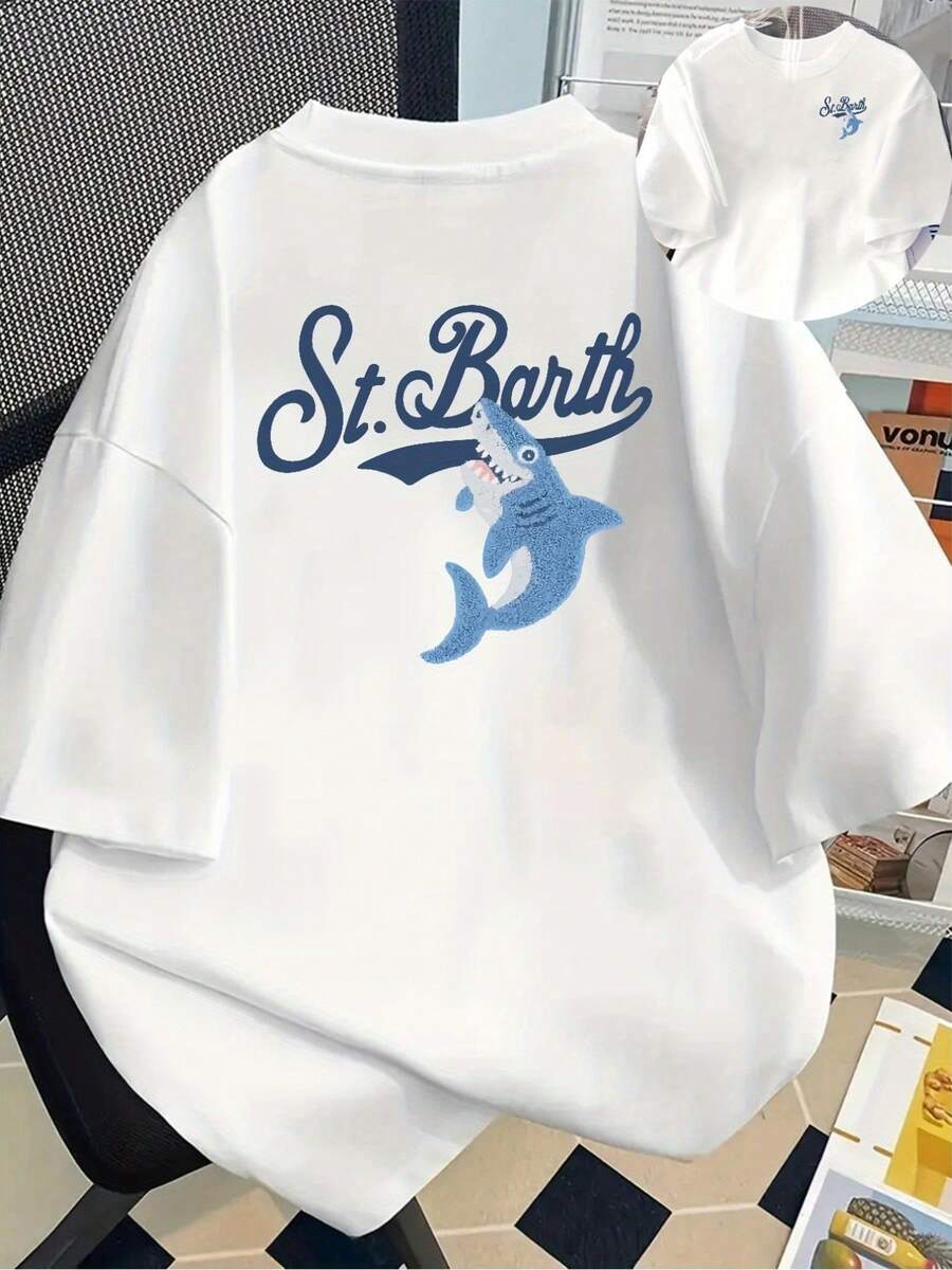 Men&Women's Saint Barth Shark Print Short Sleeve T-Shirt - Casual Crew Neck Top With Geometric Design, White & Blue Contrast, Machine Washable, All-Season Comfort, Summer Apparel, Oceanthemed Apparel, Comfortable Fabric, Vacation Style, Breathable Shirt, Print Tee, Adults - White - View 1