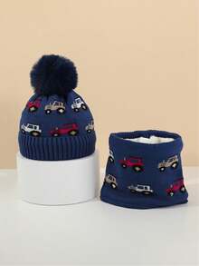 2pcs Set: Y2K Style Jacquard Off-Road Vehicle Pom Pom Knitted Beanie Hat + Scarf, Unisex Outdoor Windproof Warm Casual Winter Hat, Suitable For Commuting