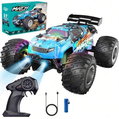 1 Stück 1:18 Maßstab Allrad Funkfernsteuerung LKW, 2WD, 22km/h, 2,4GHz, geeignet für Jungen RC Geländewagen Spielzeug, robuste PVC-Schale, 2-Gang-Steuerung, ausgestattet mit bunten LED-Leuchten und wiederaufladbarem Akku, ideales Geschenk für Kinder und Anfänger, geeignet für Jungen und Mädchen ab 3 Jahren, toll für Halloween und Weihnachten