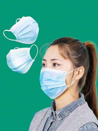 [ Esencial diario de alta belleza ] Populares máscaras protectoras desechables de color azul claro de moda 100/50 piezas | Filtración efectiva de tres capas, capa interior amigable con la piel como una nube, respiración suave sin sofocación ni acné, correa elástica para las orejas para un uso prolongado sin marcas de presión