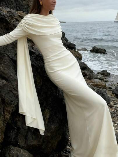 Women's French Elegance Solid Color Shawl Style Off-The-Shoulder Gathered Ribbon Long Sleeve Slim Fit Waist Long Dress, Autumn Winter Spring Elegant