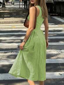 2025 纽扣腰合身连衣裙，春夏女式法式长裙，复古，简约，法式，适合办公室，约会，通勤，教师装，优雅休闲 - 綠色 - 查看 1