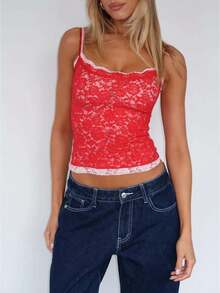 Women's Lace-Panel Strapless Tank Top Designer-Inspired High-Fashion Women's Wear Perfect For Dates, Parties, And Everyday Styling - Đỏ - Xem 1