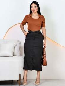 Elegant Midi Skirt For Evangelical Women With Belt - 棕色/黑色 - 查看 5