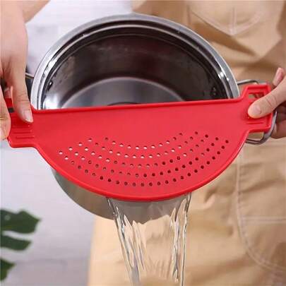 1 Piece Durable Plastic Kitchen Clip-On Pan Strainer-Bright Blue, Easy-Draining Vegetable And Fruit Basket With Fine Mesh, Ideal For Home Cooking And Baking, Pot Side Vegetable Pour Water Drain Household Drain Drain Barrier Red, Yellow, Blue Three Styles For You To Choose From