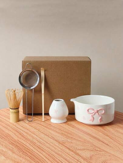 1/2/3/4/5pcs Set Embossed Butterfly Ceramic Matcha Bowl Set, Includes Matcha Bowl, Tea Stand, Whisk, Tea Scoop, Sifter, Household Whipping, Stirring Tools, Reusable Matcha Preparation Accessories