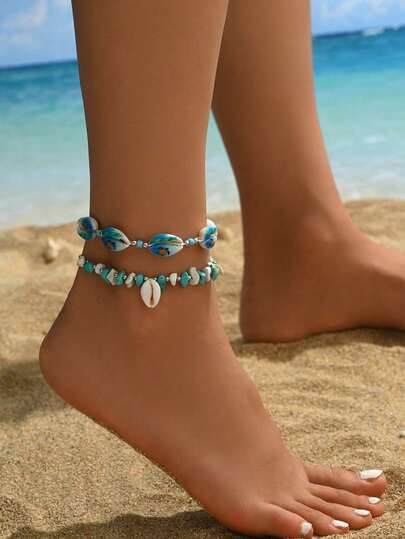 1pc/2pcs Summer Beach Essential Fashionable Double-Layer Anklet, Blue & White Color Combination, Charming Starfish & Shell Elements, Exquisite Craftsmanship, Comfortable Wear