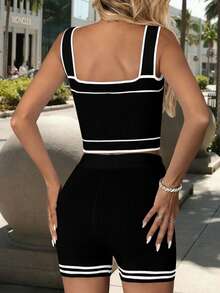 Bộ đồ dệt kim thời trang nữ 2 mảnh, gồm áo tank top và quần short, thiết kế tối giản và thanh lịch, phù hợp cho kỳ nghỉ hè ở bãi biển, thể hiện phong cách quý tộc cổ điển tinh tế, lý tưởng cho mùa tựu trường, trang phục mùa thu, thời trang đường phố thu/đông, cũng phù hợp cho các dịp Giáng sinh, Lễ Tạ ơn và Năm mới. Màu đen - màu đen - Xem 4