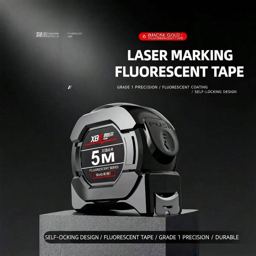 5M * 25mm Black/Gold Version Xibill Fluorescent Measurement Tape, Self-Locking Fluorescent Steel Tape Scale, Black/Gold Boxed Packaging, Suitable For Tools Used In 5-Meter Measurements, Broader Application Range In Households, Increased Thickness And Durability, High Precision, Automatic Return, Durable, Water-Resistant, Designed Specifically For Renovation/Measurement/Engineering Projects, Utilizes Cutting-Edge Technology, Easy-To-Read Instrument - Black - View 1